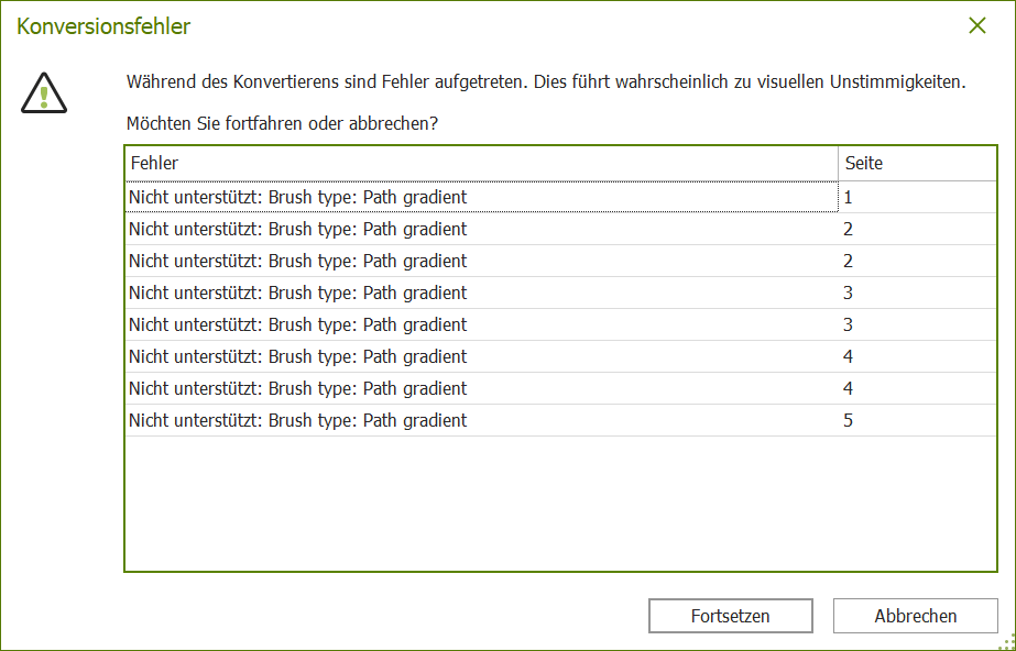 Bildschirmfoto: Dialogfenster 'Konversionsfehler'. Der Fehler 'Nicht unterstützt: Brush type: Path gradient' ist mehrfach aufgelistet.