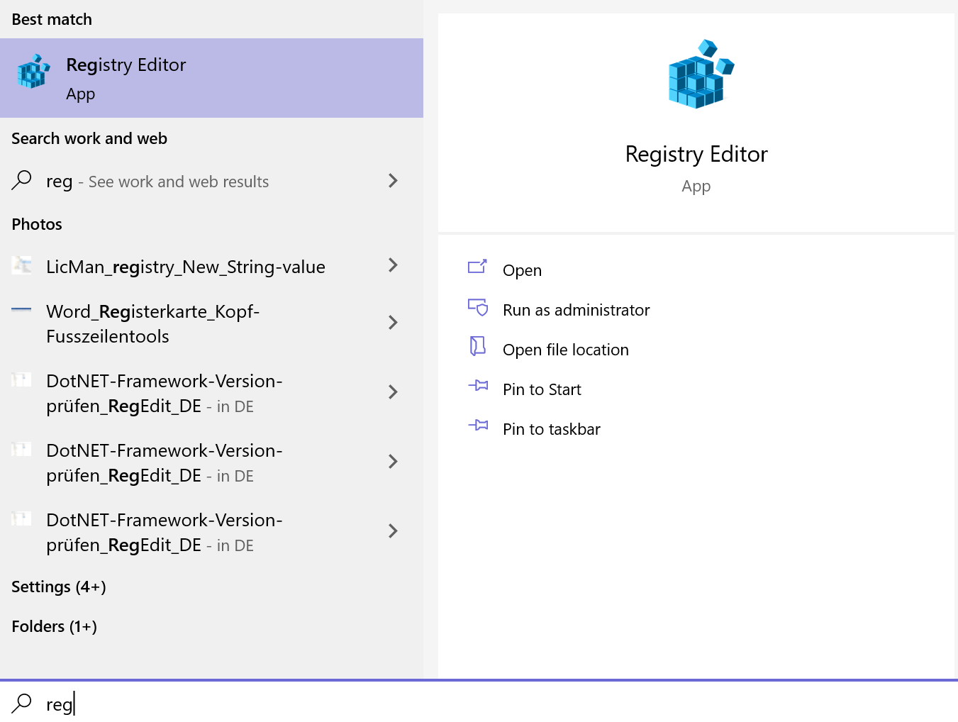 Screenshot: In the Windows taskbar, 'reg' was entered in the search and the registry editor appears in the search results.