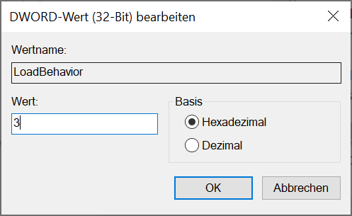 Bildschirmfoto: Dialogfenster des Registrierungsschlüssels 'LoadBehavior' mit Wert '3'.