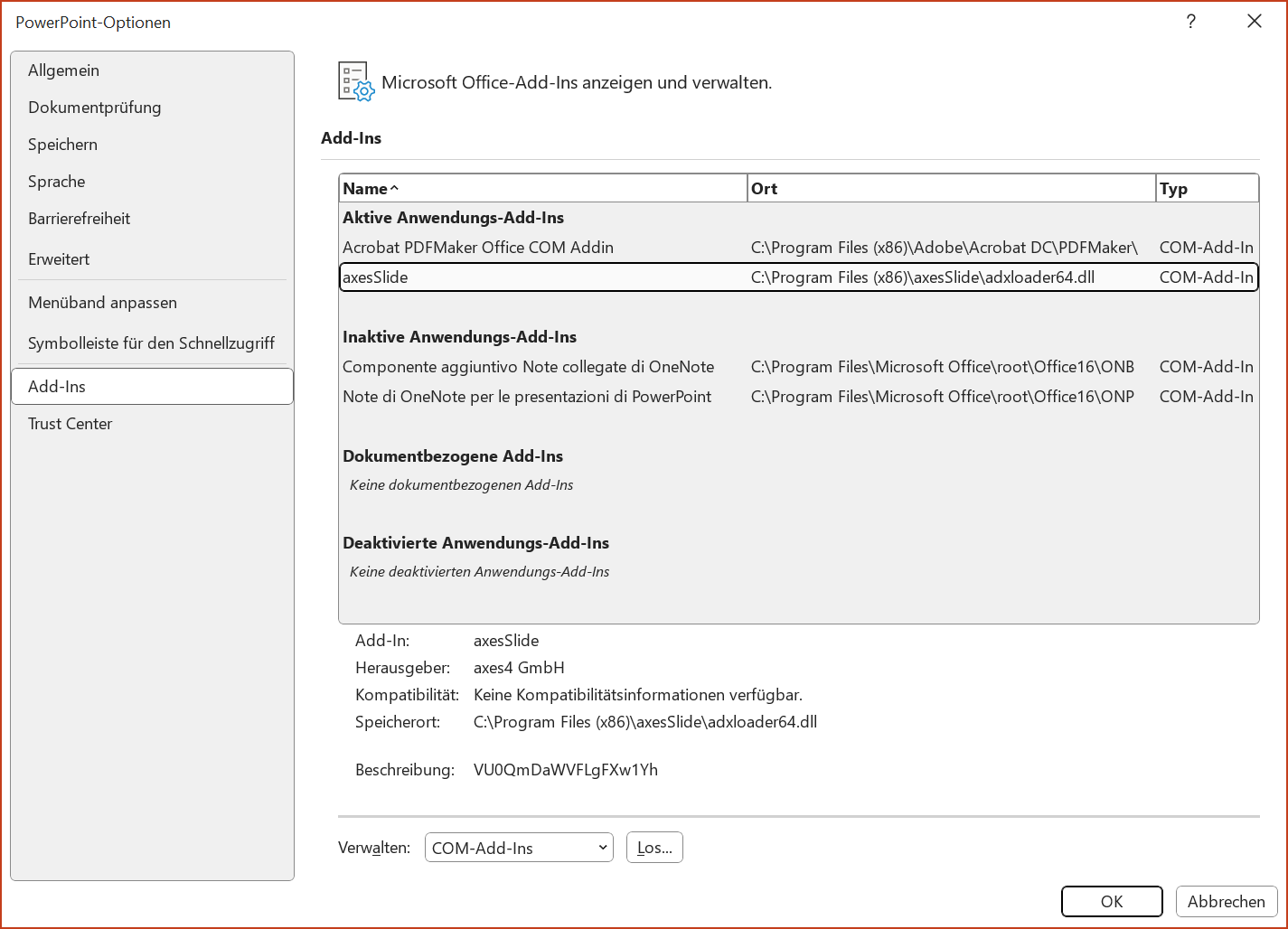 Bildschirmfoto: Dialogfenster PowerPoint-Optionen, Menüeintrag Add-Ins ist ausgewählt. axesSlide befindet sich in der Gruppe 'Aktive Anwendungs-Add-Ins'.