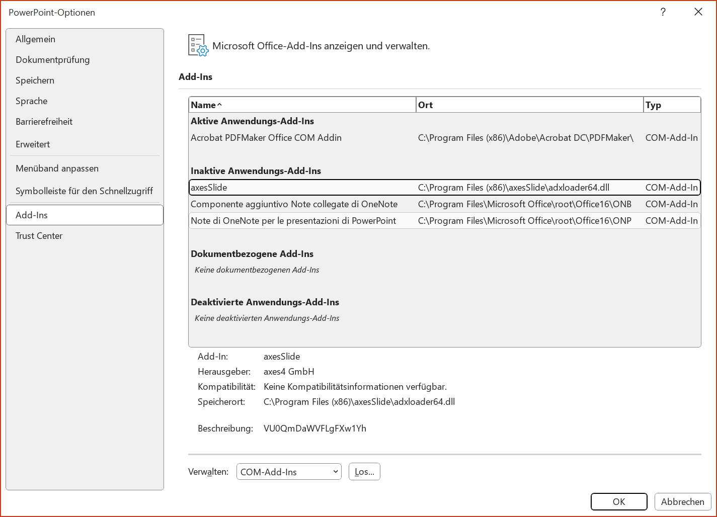 Bildschirmfoto: Dialogfenster PowerPoint-Optionen, Menüeintrag Add-Ins ist ausgewählt. axesSlide befindet sich in der Gruppe 'Inaktive Anwendungs-Add-Ins'.