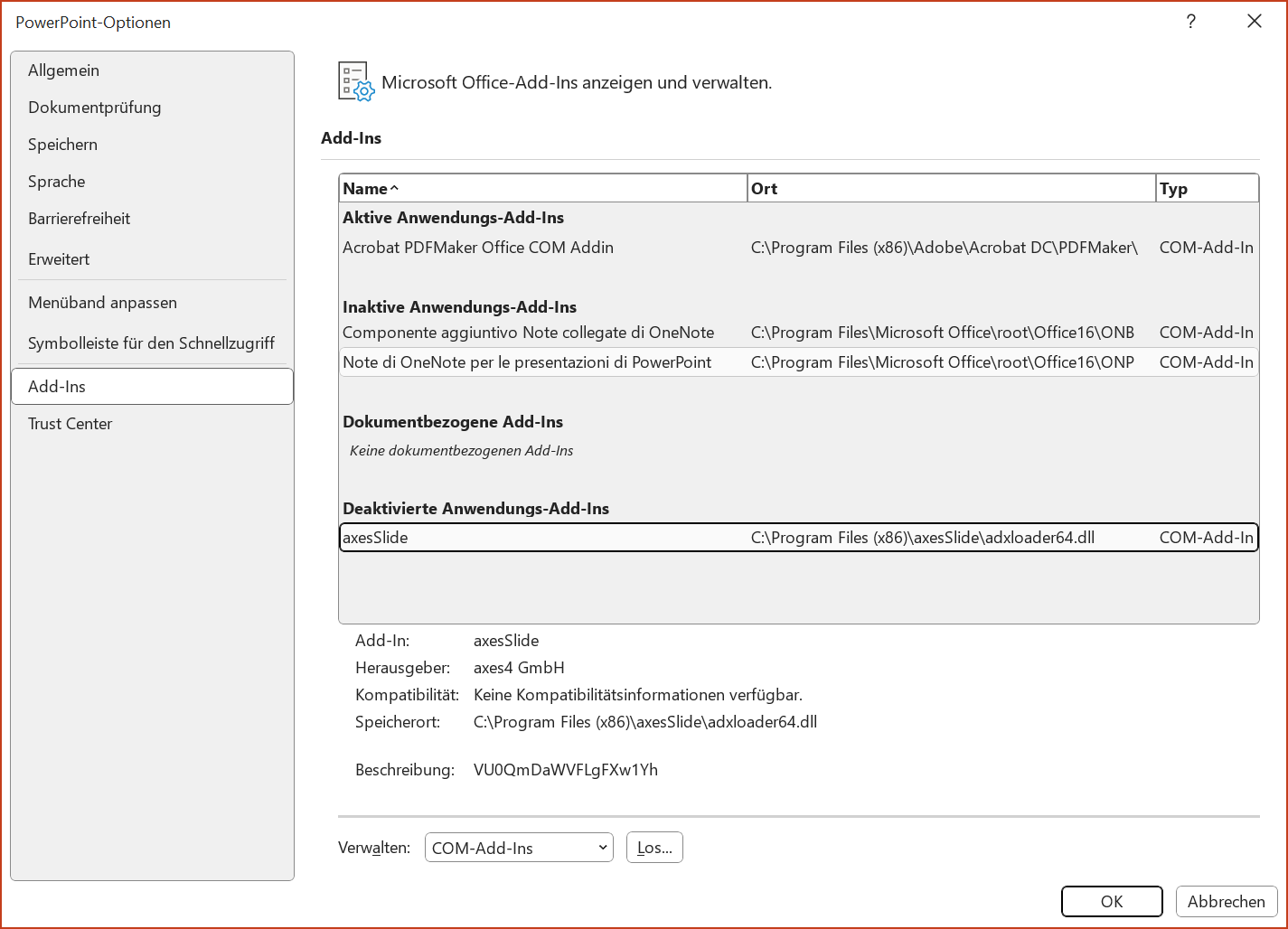 Bildschirmfoto: Dialogfenster PowerPoint-Optionen, Menüeintrag Add-Ins ist ausgewählt. axesSlide befindet sich in der Gruppe 'Deaktivierte Anwendungs-Add-Ins'.