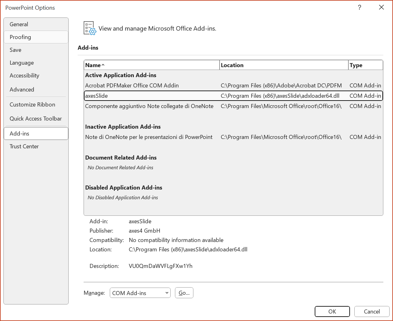 Screenshot: PowerPoint Options dialog box, Add-ins menu item is selected. axesSlide is in the 'Active Application Add-ins' group.