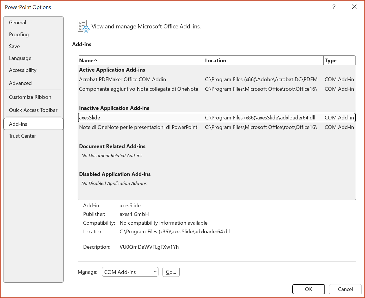 Screenshot: PowerPoint Options dialog box, Add-ins menu item is selected. axesSlide is in the 'Inactive Application Add-ins' group.