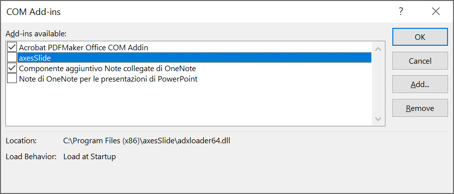 Screenshot: COM Add-ins dialog box. The checkbox for axesSlide is deactivated.