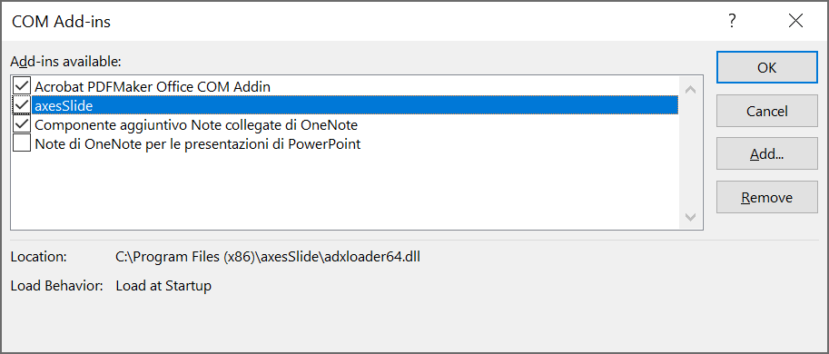 Screenshot: COM Add-ins dialog box. The checkbox for axesSlide is activated.