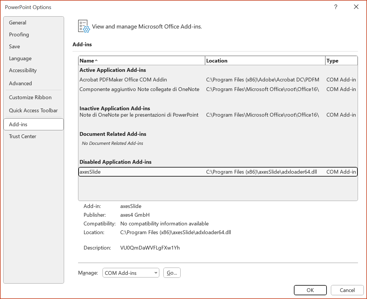 Screenshot: PowerPoint Options dialog box, Add-ins menu item is selected. axesSlide is in the 'Disabled Application Add-ins' group.