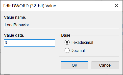 Screenshot: Dialog window of the 'LoadBehavior' registry key with value '3'.