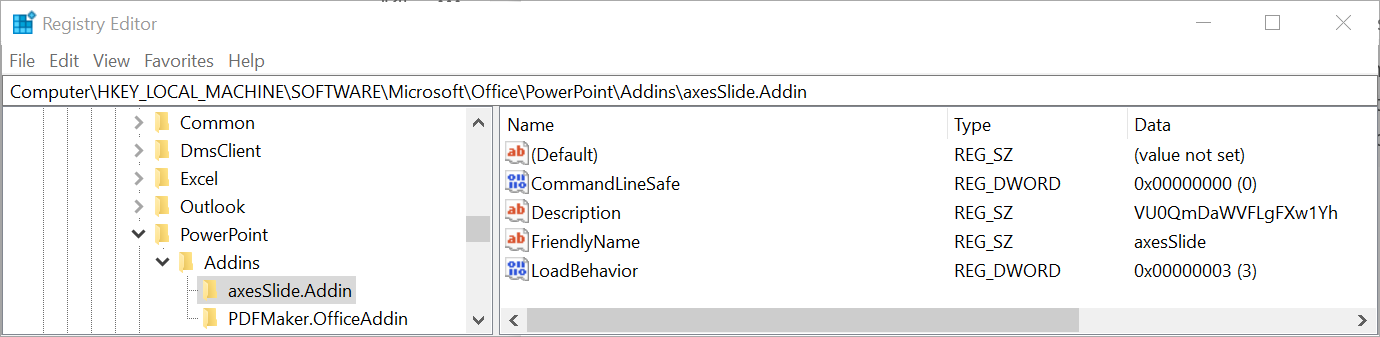 Screenshot: Registry editor with opened path of 'axesSlide.Addin'.