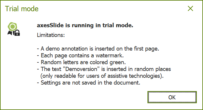 Screenshot: Dialog box Trial mode.