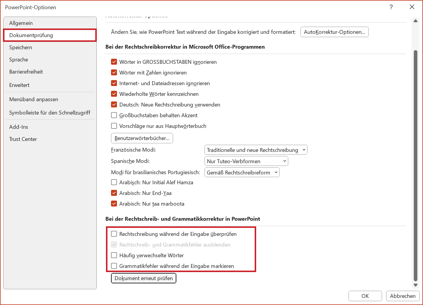 Bildschirmfoto: Dialogfenster 'PowerPoint-Optionen'. Die Menüoption 'Dokumentprüfung' ist ausgewählt. Die Kontrollkästchen im Abschnitt 'Bei der Rechtschreib- und Grammatikkorrektur in PowerPoint' sind deaktiviert.