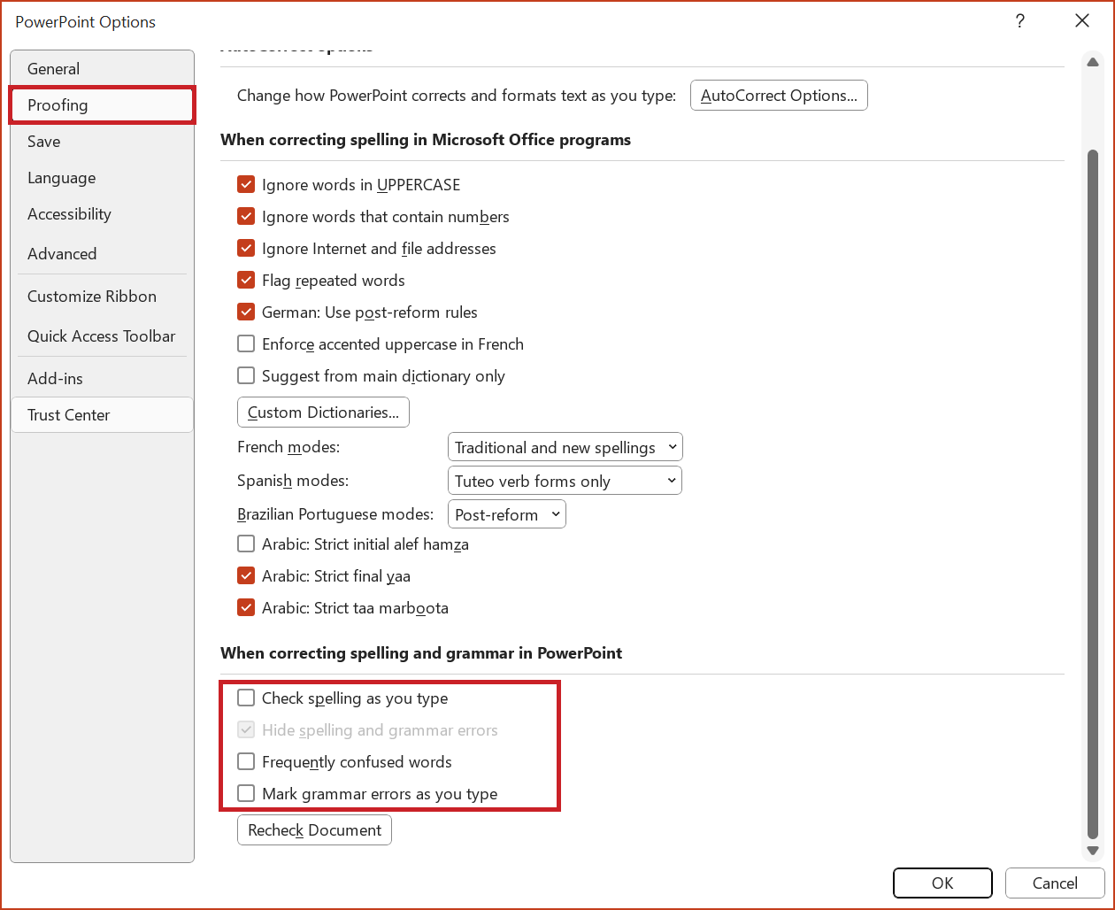Screenshot: 'PowerPoint Options' dialog box. The 'Proofing' menu option is selected. The checkboxes in the section 'When correcting spelling and grammar in PowerPoint' are deactivated.