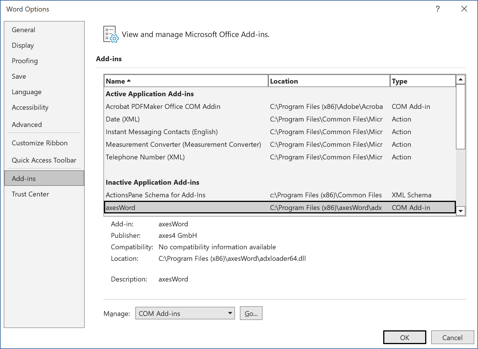 Dialogue box: Word Options; axesWord is in list of inactive Add-Ins