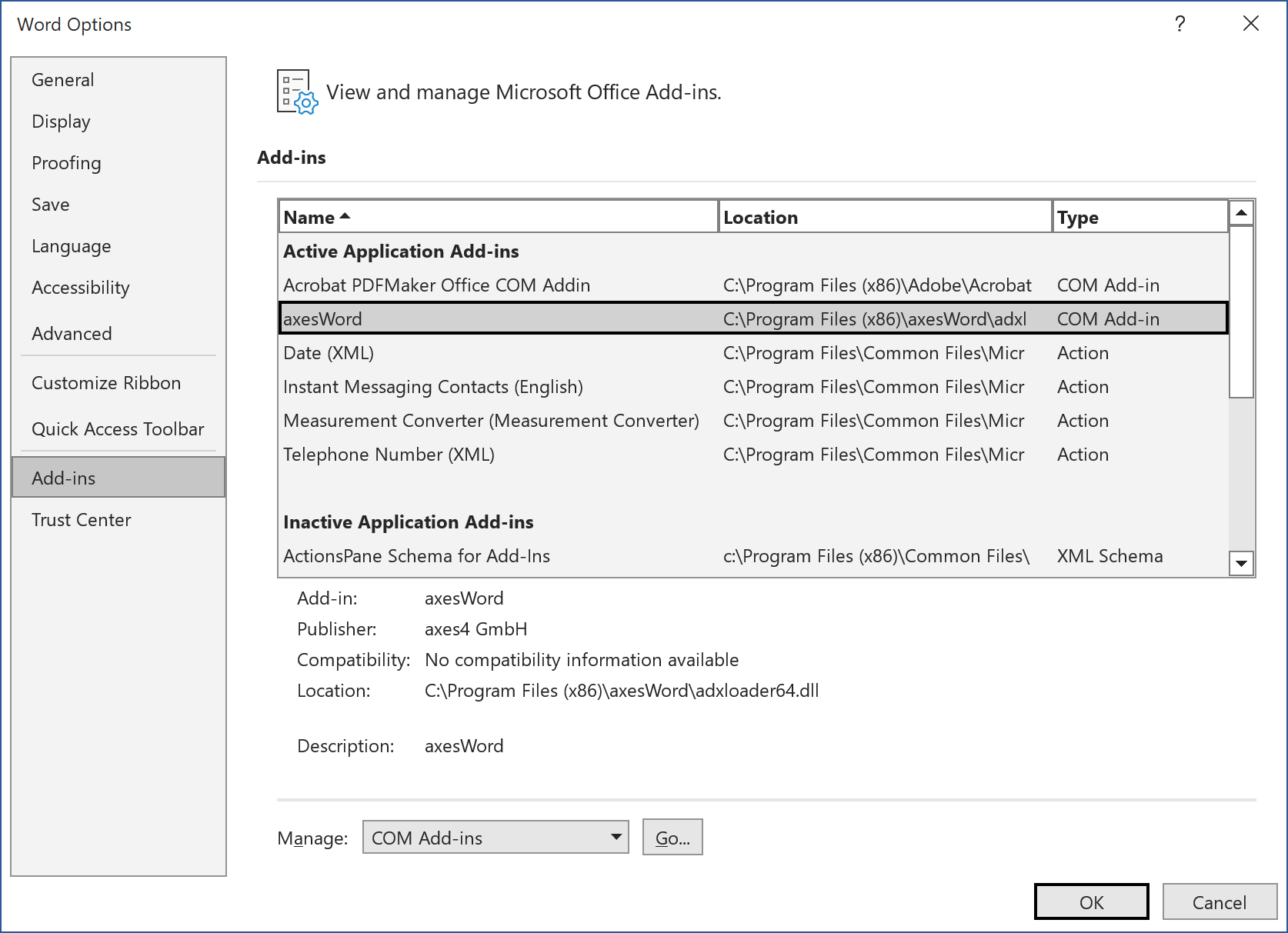Dialogue box: Word Options; axesWord is in list of active Add-Ins