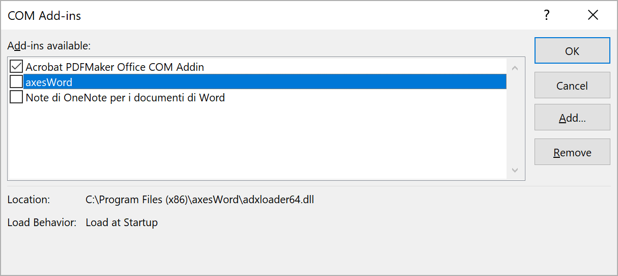 Dialogue box: COM AddIns; checkbox 'axesWord' is not checked