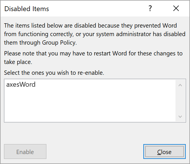 Dialogue box: Disabled Items