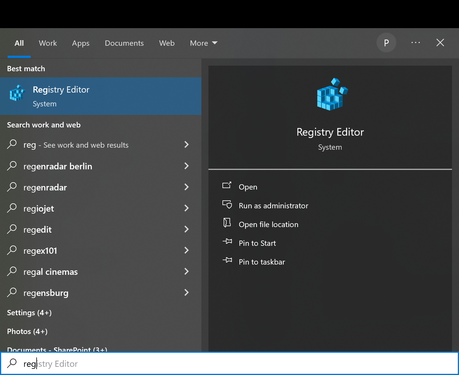 Windows menu after entering 'reg': registry editor app is shown