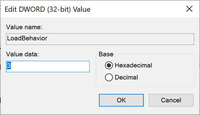 Registry dialogue box: Edit DWORD-Value of axesWord