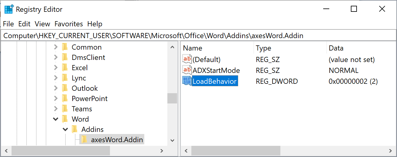 Registry Editor with axesWord keys