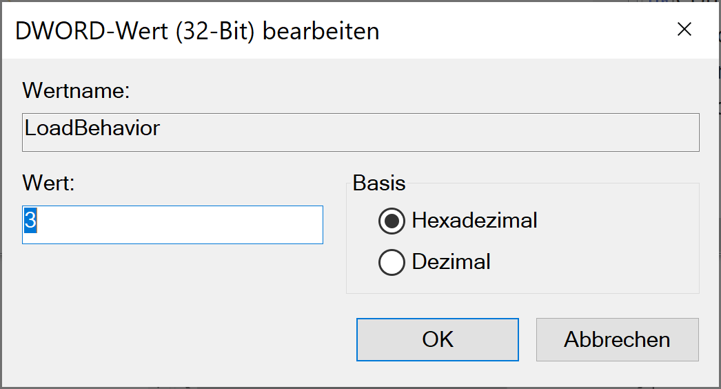 Registry: LoadBehavior hat den Wert 3