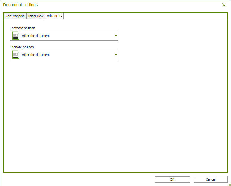 Dialogue box: Document Settings; tab 'Advanced'