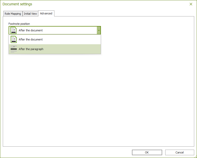 Dialogue box: Document Settings; tab 'Advanced', dropdown menu for footnote position is open