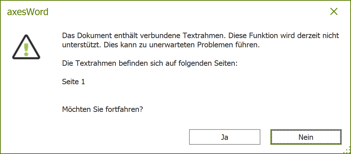 Warnmeldung: Das Dokument enthält verbundene Textrahmen
