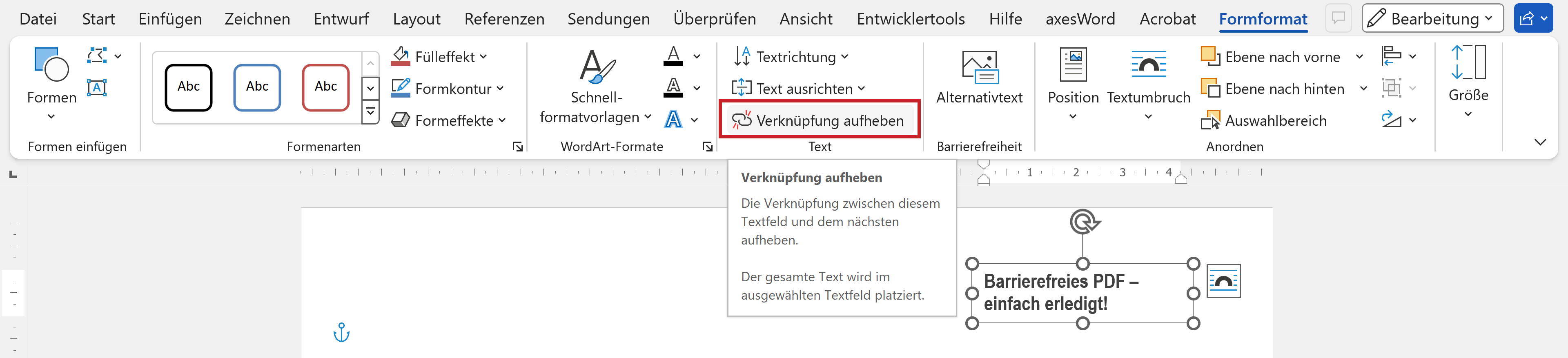 Word: Registerkarte 'Formformat'; Schaltfläche 'Verknüpfung aufheben' hervorgehoben