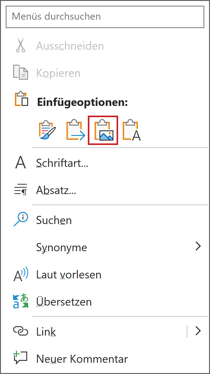 Word-Kontextmenü: Option Grafik-einfügen hervorgehoben