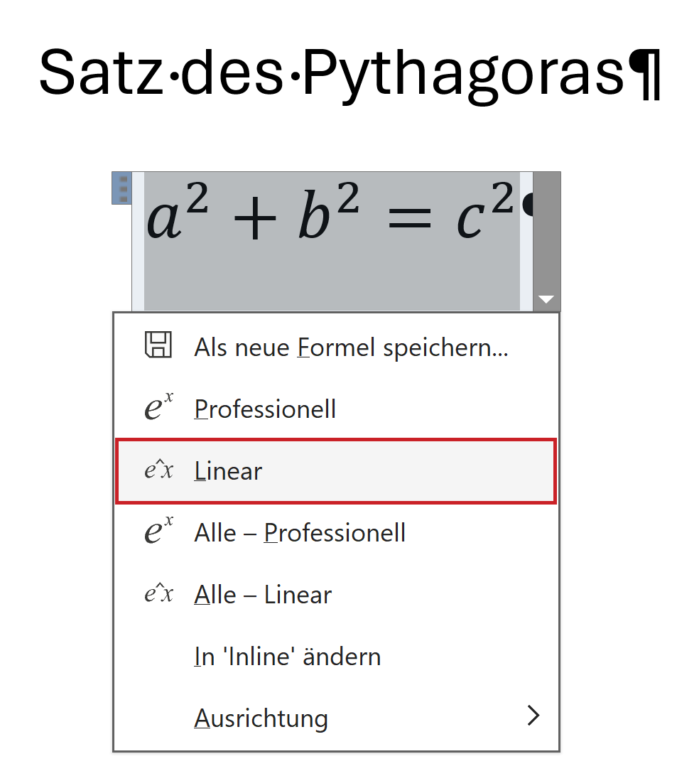 Word-Formel mit Kontextmenu; Option 'Linear' hervorgehoben