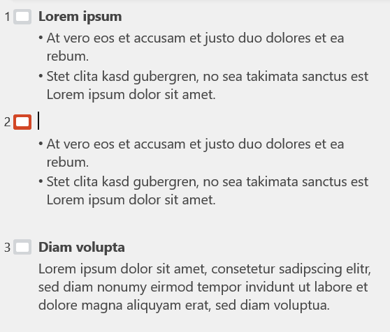 Screenshot: Outline view of three sample slides. A title is entered next to slide numbers 1 and 3, but is missing from slide 2.