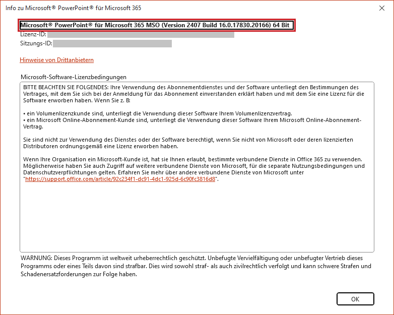 Dialogfenster: Info zu PowerPoint; PowerPoint-Versionsnummer hervorgehoben