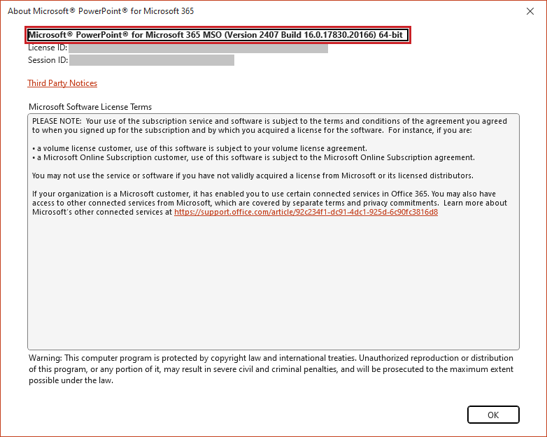 Dialog box: About PowerPoint; the detailed version number is highlighted