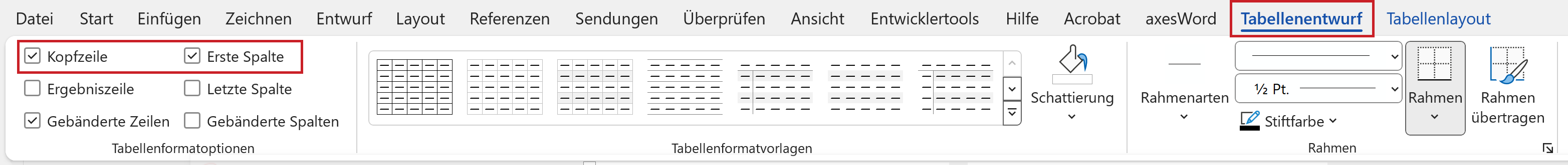 Bildschirmfoto: Registerkarte Tabellenentwurf mit den hervorgehobenen Optionen 'Kopfzeile' und 'Erste Spalte'