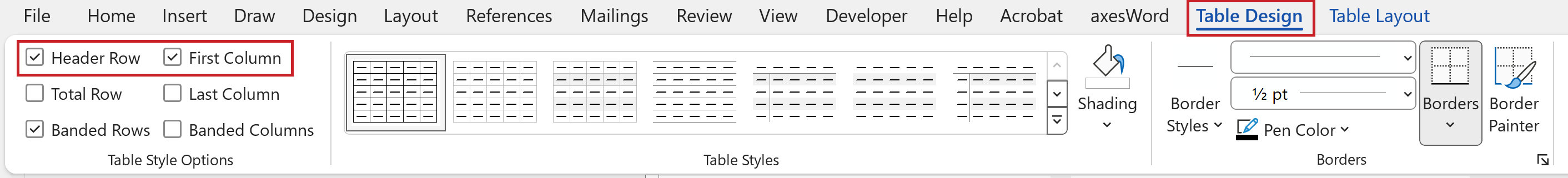 Screenshot: 'Table Design' tab with the highlighted options 'Header Row' and 'First Column'
