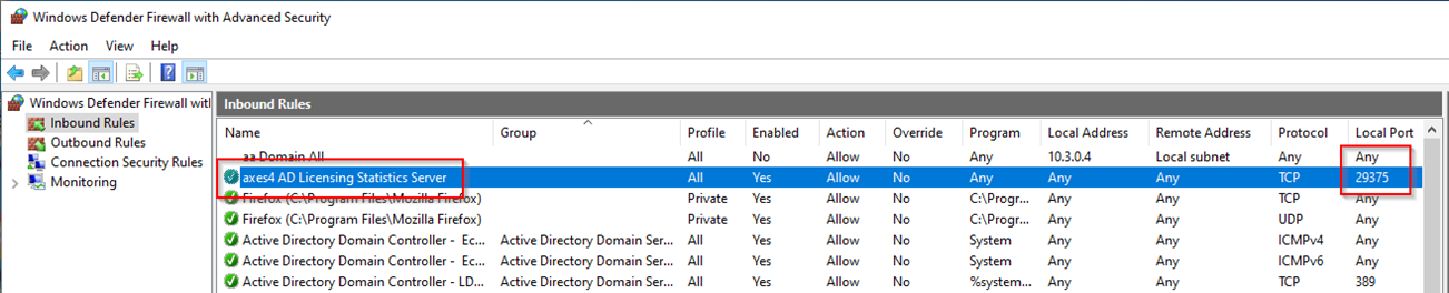 Screenshot der Windows-Firewall-Einstellungen. Die Regel 'axes4 AD Licensing Statistics Server' ist markiert.