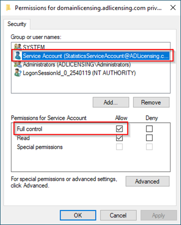 Screenshot der Windows-Berechtigungsdialogs. In der oberen Hälfte ist der Service Account ausgewählt, in der unteren Hälfte ist markiert, dass er 'Full Control'-Rechte hat.