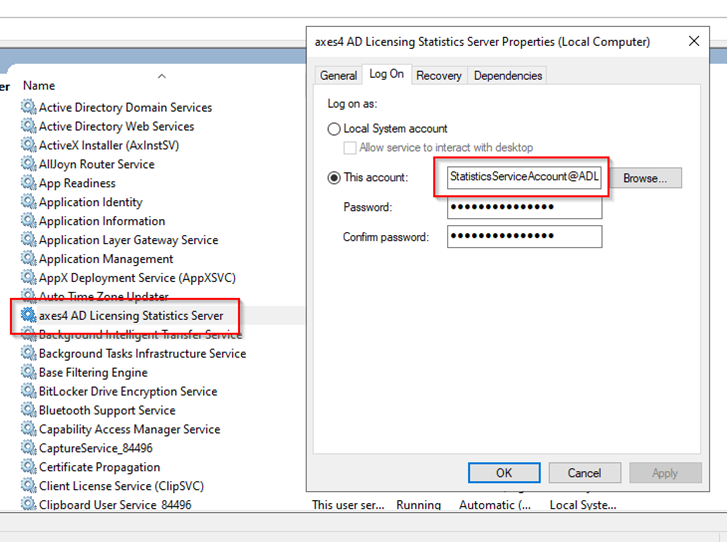 Screenshot der Dienst-Verwaltung von Windows. Der Eigenschaftendialog des Dienstes 'axes4 AD Licensing Statistics Server' ist geöffnet. Im Eigenschaftendialog ist das Feld für das Anmeldekonto markiert.