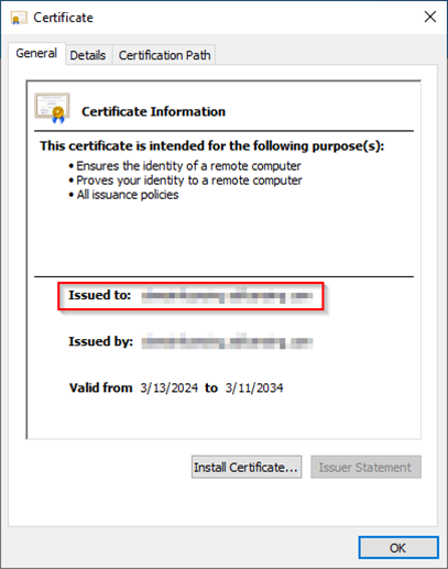 Screenshot der Zertifikat-Informationen des Serverzertifikats. Die Zeile 'Issued to:' ist markiert.
