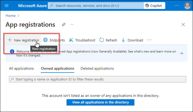 Screenshot of the Azure portal. In the App Registrations widget, the New registration button is highlighted.