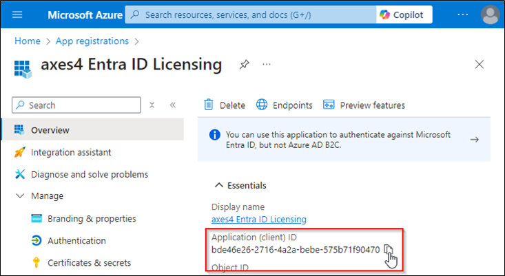 Screenshot of the Azure portal. In the App Registrations widget, the Application (client) ID section is highlighted.