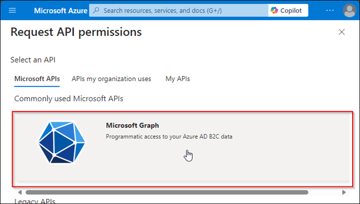 Screenshot of the Azure portal. In the 'Request API permission' widget, the 'Microsoft Graph' button is highlighted.