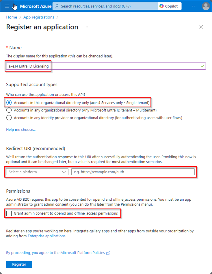 Screenshot of the Azure portal. In the Register an application widget, the Name, Single tenant, Redirect URI, and Grant admin consent sections are highlighted.