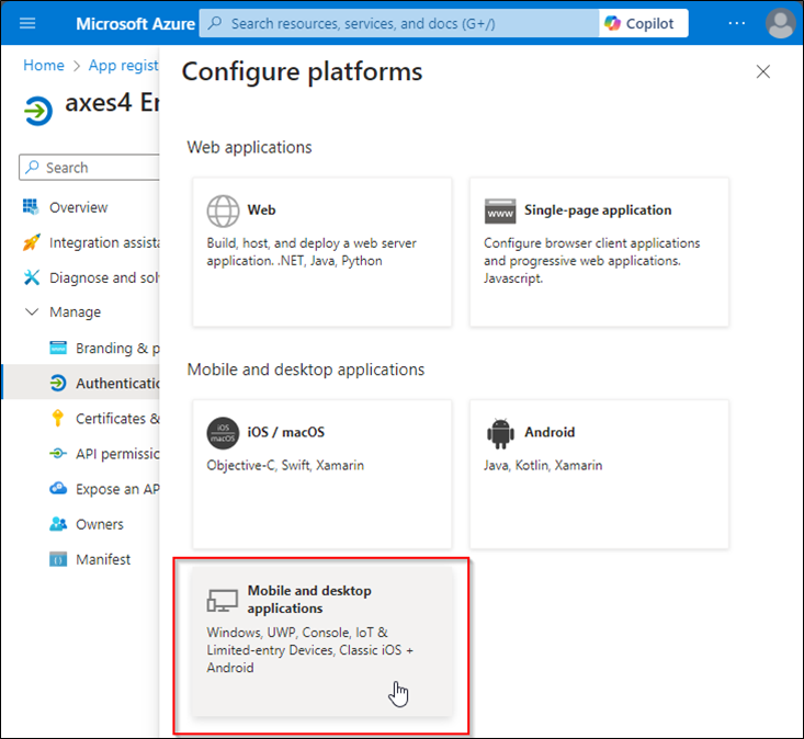 Screenshot of the Azure portal. In the 'Configure platforms' widget, the 'Mobile and desktop applications' button is highlighted.