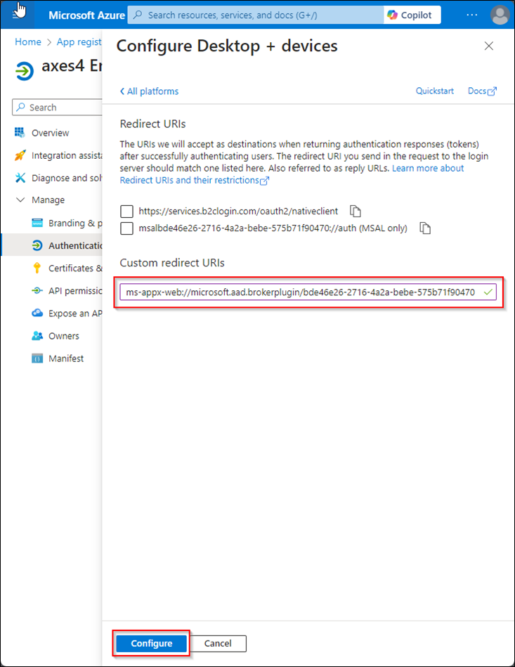 Screenshot of the Azure portal. In the Configure Desktop + devices widget, the Custom redirect URIs text box is highlighted.