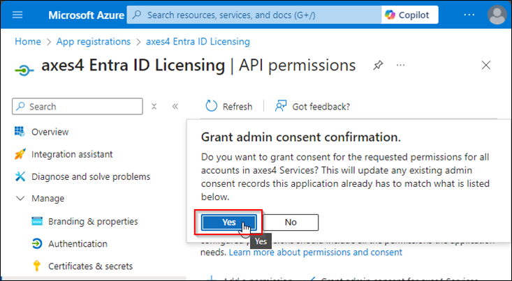 Screenshot of the Azure portal. In the 'Grant admin consent confirmation' dialog, the 'Yes' button is highlighted.