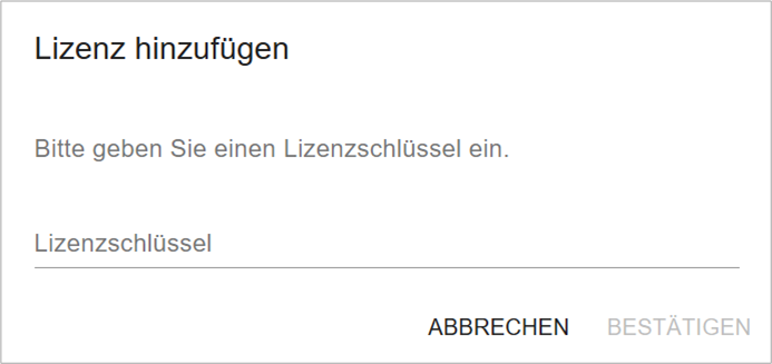 Bildschirmfoto: Dialogfenster 'Lizenz hinzufügen' mit Eingabefeld zum Eingeben des Lizenzschlüssels.