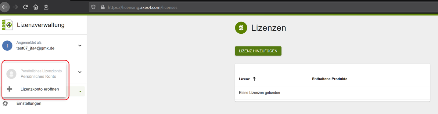 Bildschirmfoto: Lizenzverwaltung mit der Übersichtsansicht der Lizenzen mit aufgeklapptem Konto-Menü.