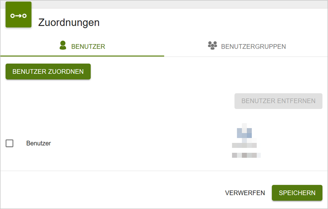 Screenshot der Lizenzverwaltung: Diese Ansicht zeigt die Karte 'Zuordnung', die es erlaubt, Benutzer zu einer Lizenz hinzuzufügen.