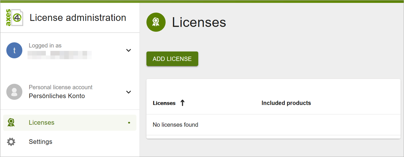 Screenshot: License management with the overview view of licenses in the personal account
